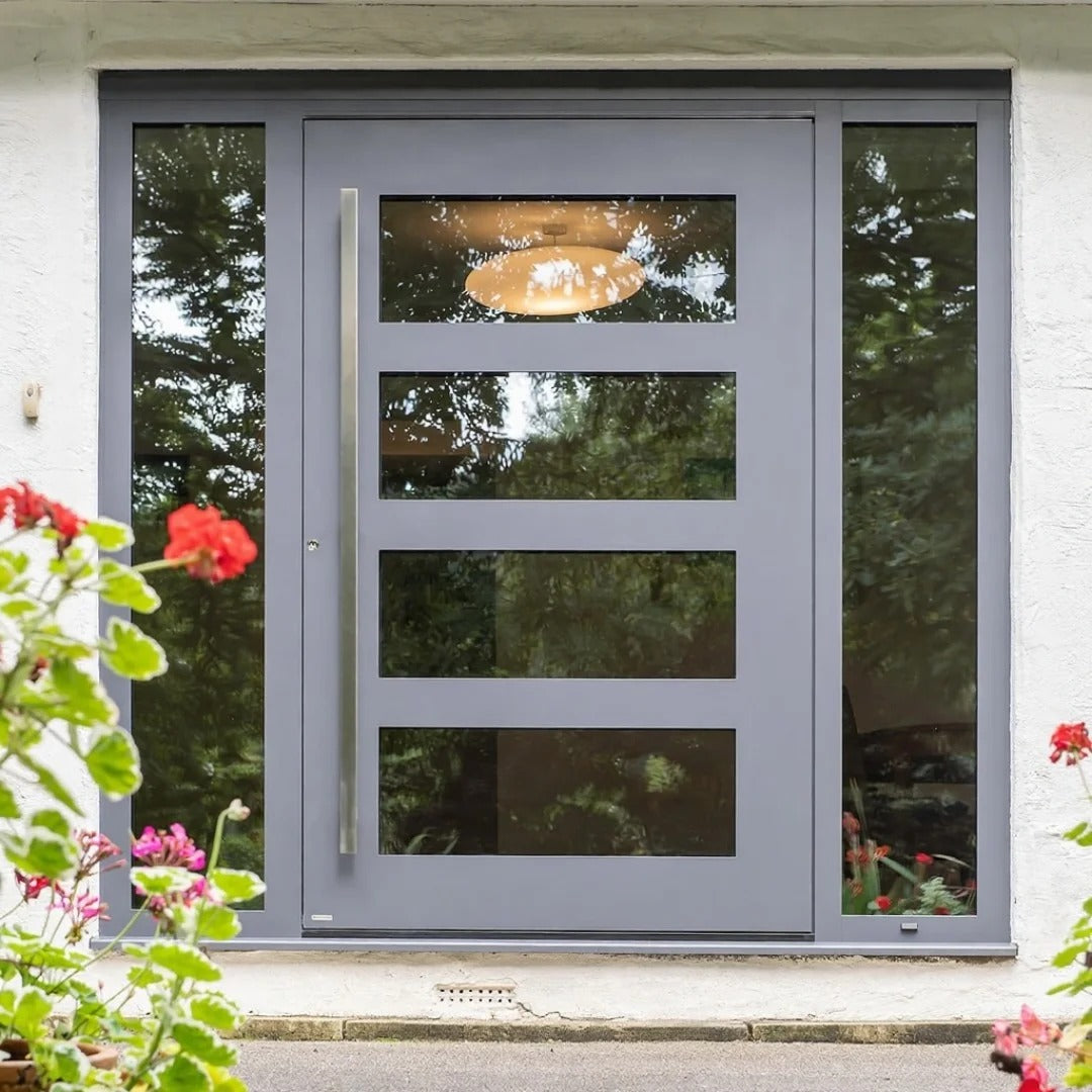 Rothnow cast aluminum front door with brown finish, pivot design, 800mm wide and 2100mm high for residential entrance.