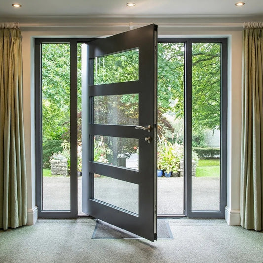 Rothnow cast aluminum front door with brown finish, pivot style, 800mm width and 2100mm height, with wall thickness for entrance security.