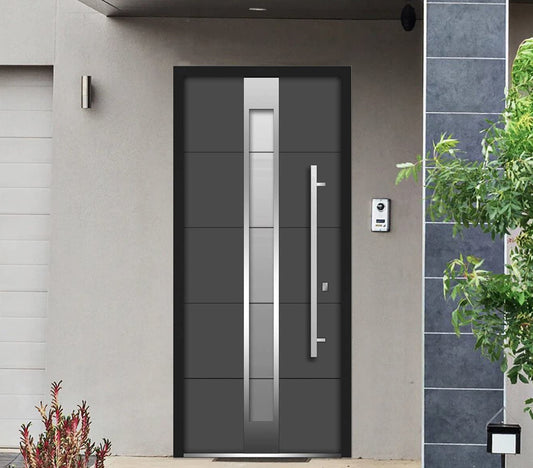 Rothnow stainless steel front door with brown finish, 800mm wide and 2100mm high, featuring a modern entrance design.