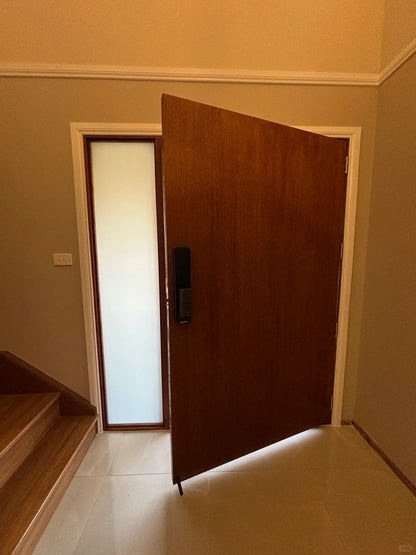 Rothnow® wooden front door with stainless steel details, 800mm wide, 2100mm high, brown entrance door with pivot design