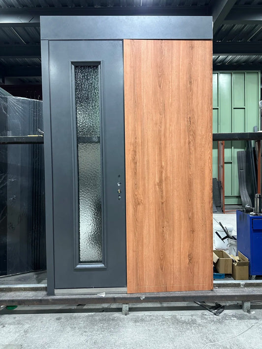 Rothnow stainless steel front door with brown finish, swing door design, 800mm wide and 2100mm tall, wall thickness 150mm