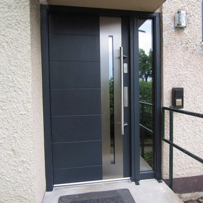 Rothnow stainless steel front door with brown finish, 800mm wide and 2100mm tall, swing door design with 150mm wall thickness.