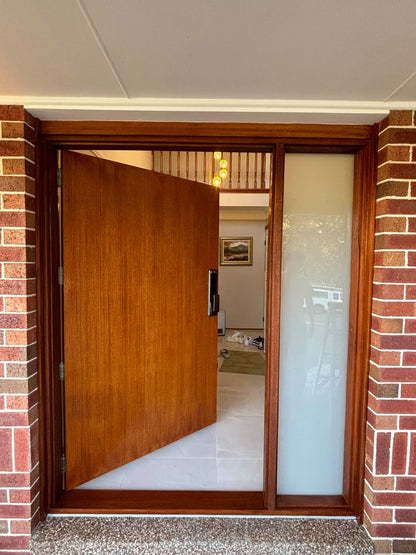 Rothnow® wood front door with stainless steel accents, brown finish, 800mm wide and 2100mm tall, wall thickness 150mm.