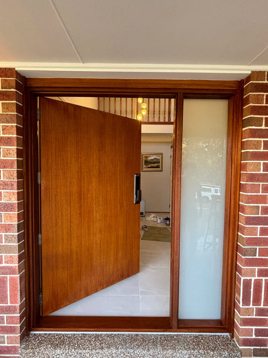 Rothnow® wood front door with stainless steel accents, brown finish, 800mm wide and 2100mm tall, wall thickness 150mm.