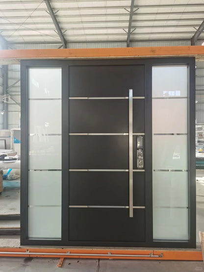 Rothnow stainless steel front door with brown finish, swing door design, 800mm wide and 2100mm high, wall thickness 150mm.