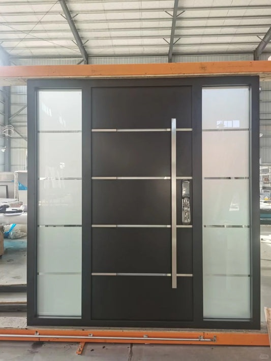 Rothnow stainless steel front door with brown finish, swing door design, 800mm wide and 2100mm high, wall thickness 150mm.