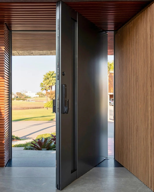 Rothnow stainless steel front door with brown finish, pivot design, measuring 800mm wide and 2100mm tall with 150mm wall thickness