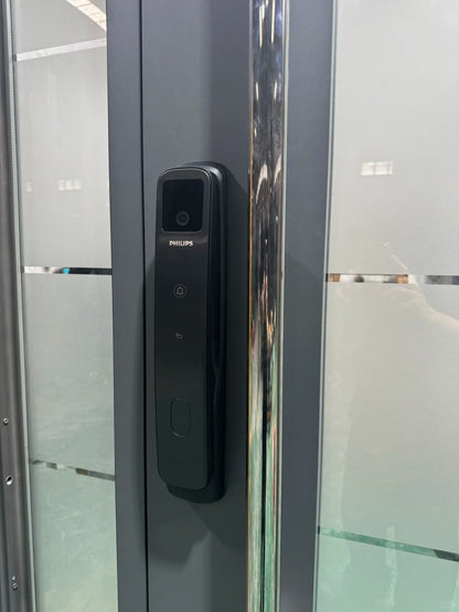 Rothnow stainless steel front door with brown finish, pivot design, 800mm wide and 2100mm tall, wall thickness 150mm.