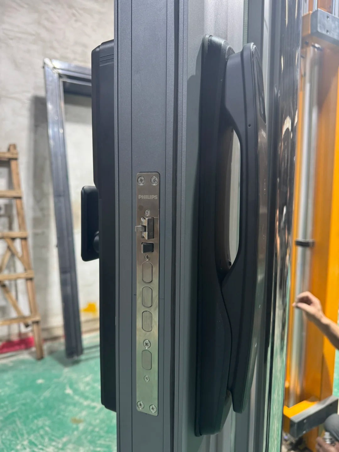 Rothnow stainless steel front door with brown finish, pivot design, 800mm wide and 2100mm high, wall thickness 150mm.
