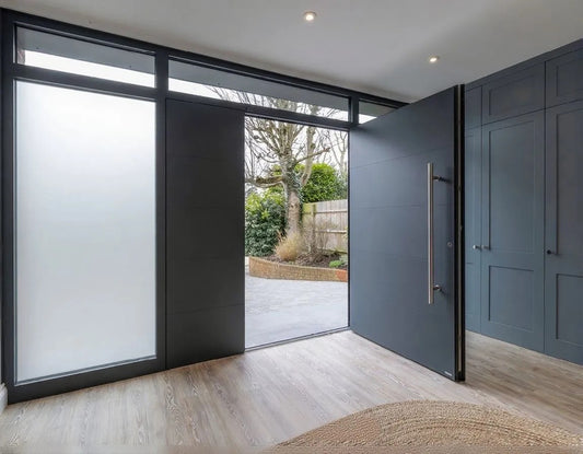 Rothnow stainless steel front entrance door, brown finish, pivot design, 800mm wide and 2100mm tall, wall thickness 150mm.