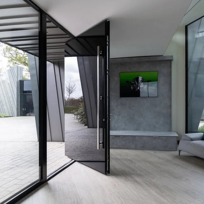 Rothnow stainless steel front door with brown finish, pivot design, 800mm wide and 2100mm tall, wall thickness 150mm.