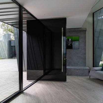 Rothnow stainless steel front door with brown finish, pivot design, 800mm width and 2100mm height, wall thickness 150mm.