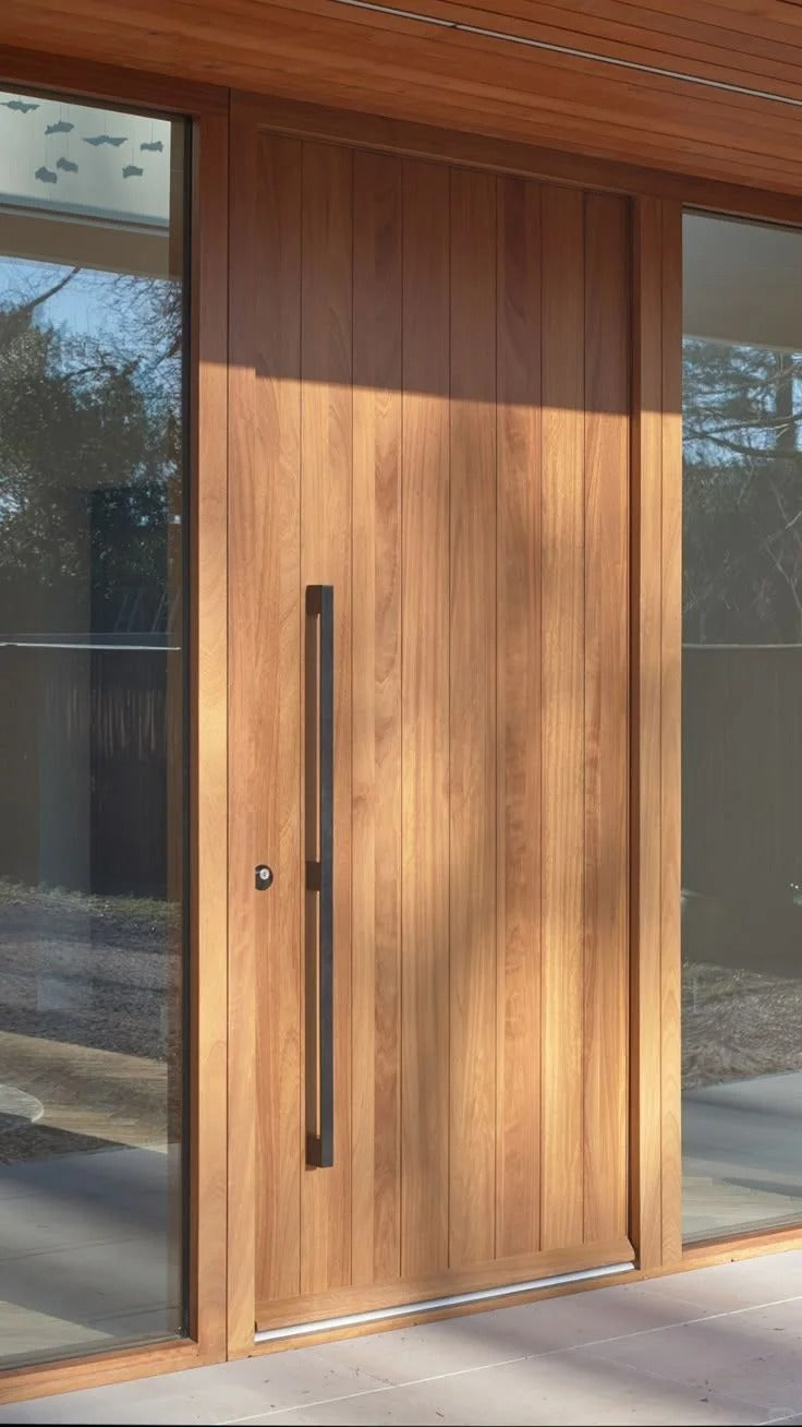 Rothnow® wood front entrance door with brown finish, swing door design, 800mm width and 2100mm height with 150mm wall thickness.