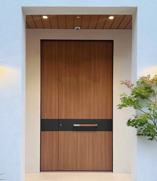 Rothnow® wood front door with brown finish, swing entrance door, 800mm wide and 2100mm high, with 150mm wall thickness.