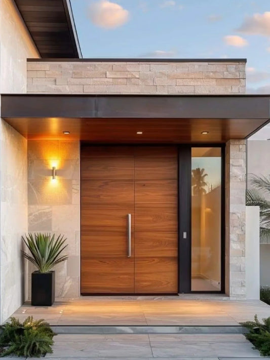 Brown Rothnow® wood front entrance door with glass panels, 800mm wide and 2100mm high, featuring a sturdy wall thickness.