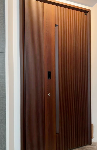 Rothnow wood front entrance door with brown finish, 800mm wide, 2100mm tall, swing door style with 150mm wall thickness.