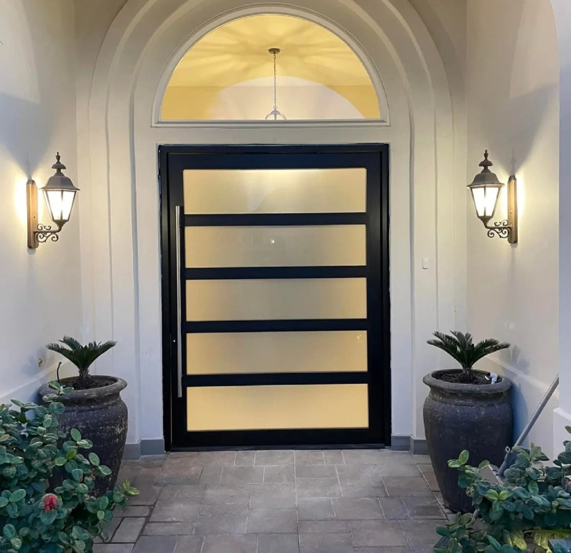 Brown Rothnow wood front entrance door with pivot design, measuring 800mm wide by 2100mm tall, with 150mm wall thickness.