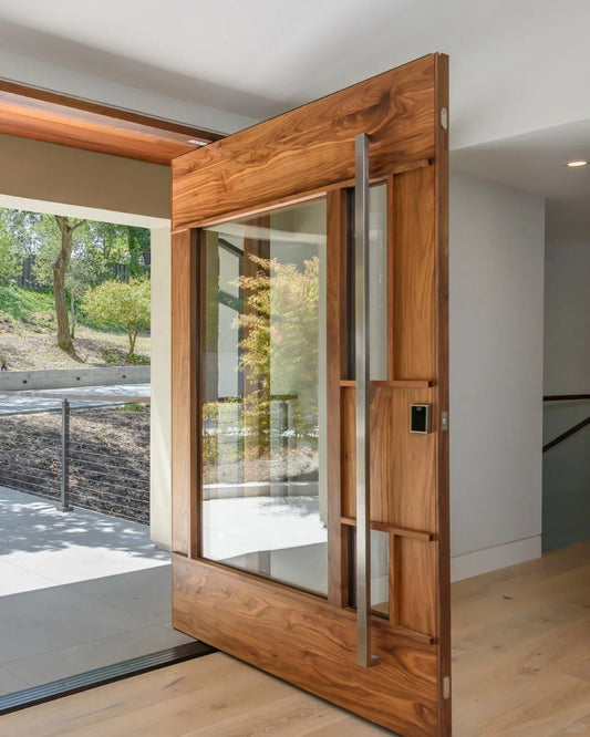 Brown Rothnow® wood front door with pivot design, measuring 800mm wide by 2100mm high with 150mm wall thickness, for residential entrance.