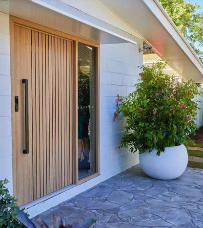 Rothnow® wood front entrance door with pivot design, brown finish, 800mm wide and 2100mm tall, wall thickness 150mm.