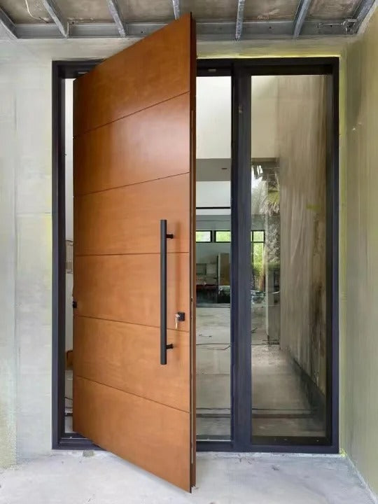Rothnow wood front entrance door with brown finish, 800mm width, 2100mm height, and pivot hinge design.