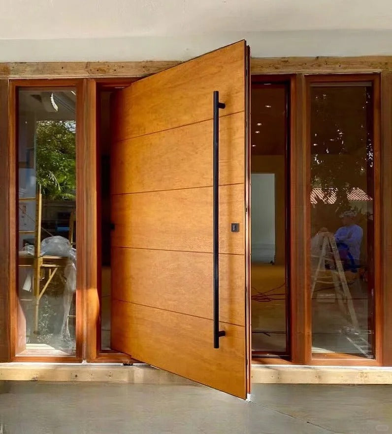 Brown Rothnow® wood front entrance door with pivot design, measuring 800mm wide and 2100mm high, featuring a sturdy wall thickness.