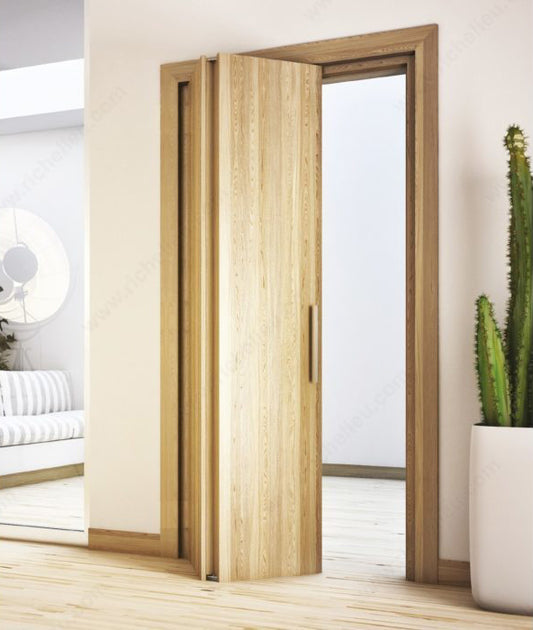 Rothnow Wooden Door, composite veneer folding door in natural wood finish, 800mm wide, 2100mm tall, with wall thickness visible.