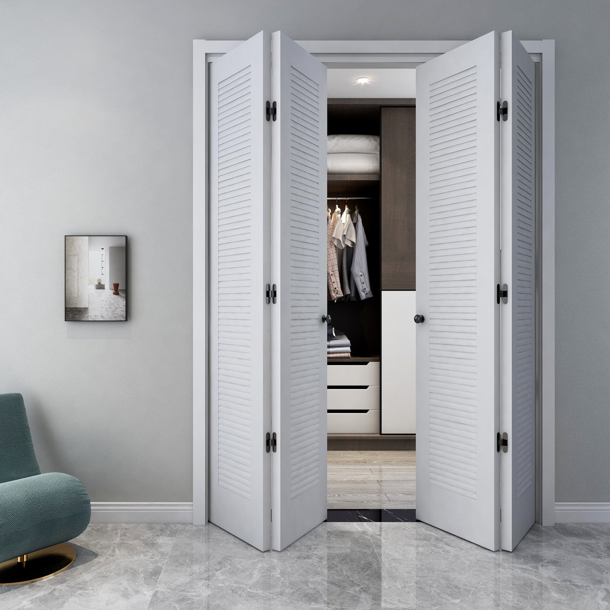 Rothnow® wooden folding lacquered louvered door in white, 800mm wide and 2100mm high, with 150mm wall thickness, for interior use.