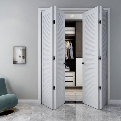 Rothnow® wooden folding lacquered louvered door in white, 800mm wide and 2100mm high, with 150mm wall thickness, for interior use.