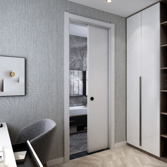 Rothnow® Wooden Lacquer Pocket Door with white finish, 800mm W x 2100mm H, wall thickness 150mm, modern interior door
