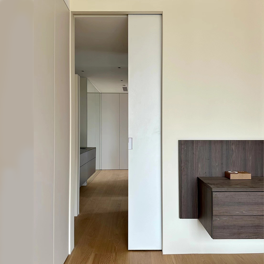 Rothnow® wooden lacquer pocket door, white finish, 800mm wide, 2100mm high, with 150mm wall thickness, modern interior door.