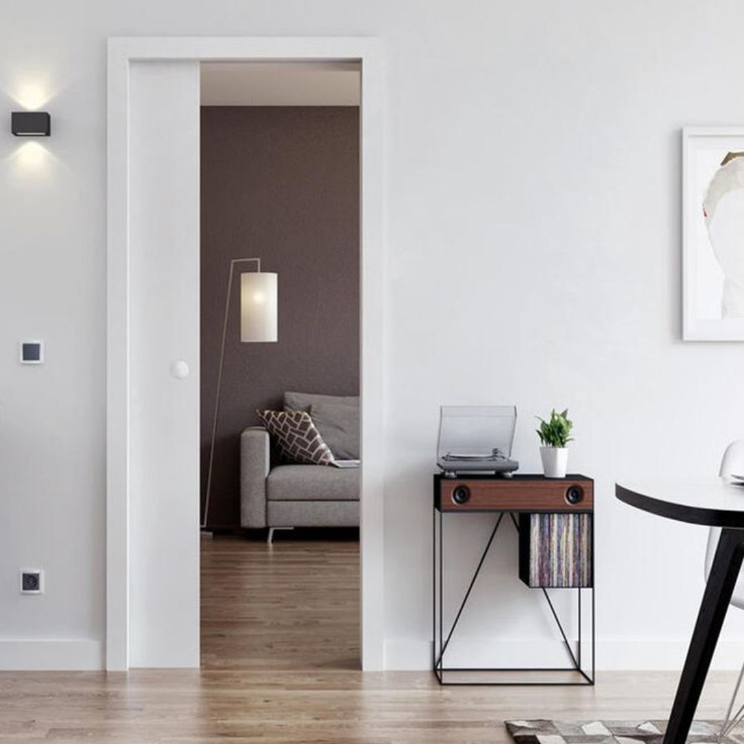 Rothnow® wooden lacquer pocket door in white, 800mm wide, 2100mm high, with 150mm wall thickness, modern interior door.