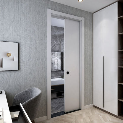 White Rothnow wooden pocket door with lacquer finish, 800mm wide, 2100mm high, 150mm wall thickness, sleek door design