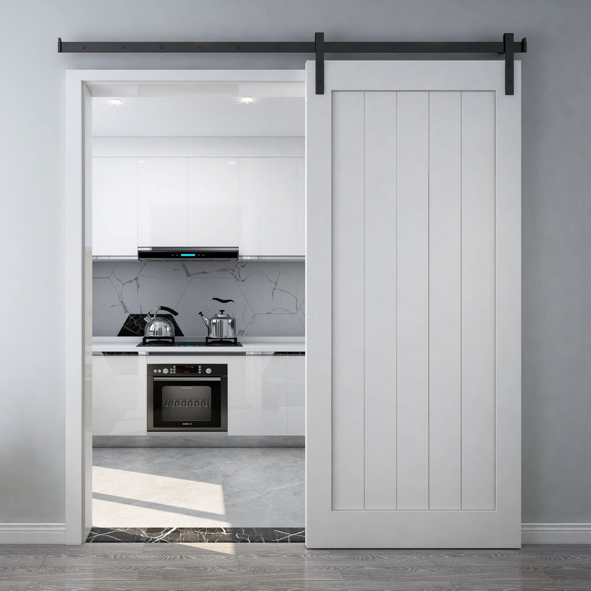Rothnow® Wooden Sliding Barn Door in white lacquer, 800mm wide, 2100mm high, with 150mm wall thickness, modern interior door