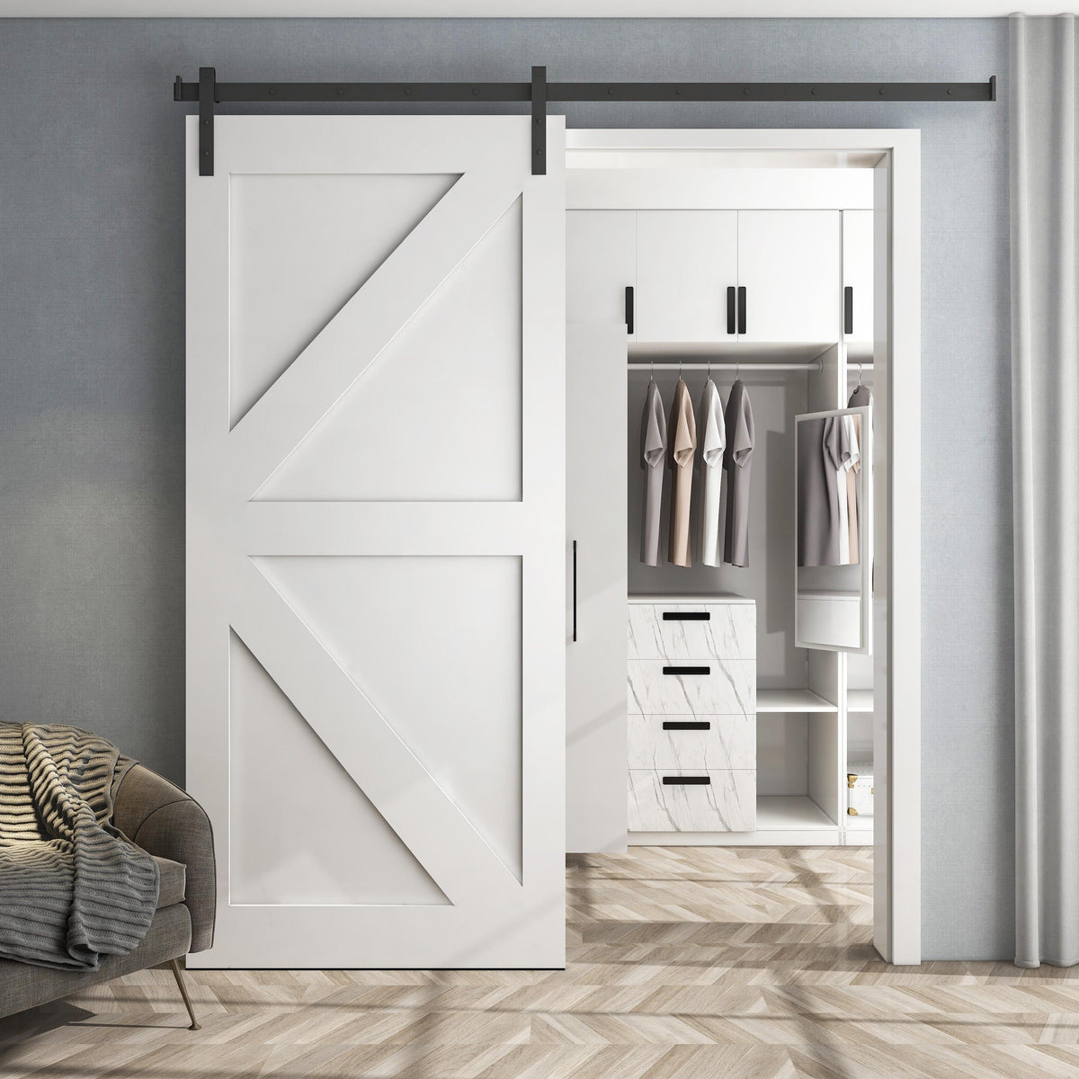 Rothnow wooden sliding barn door with white lacquer finish, 800mm wide, 2100mm tall, wall thickness 150mm, modern interior door