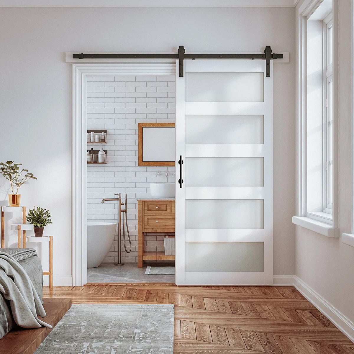Rothnow® wooden sliding barn door with white lacquer finish, 800mm wide, 2100mm high, wall thickness 150mm, modern interior design.