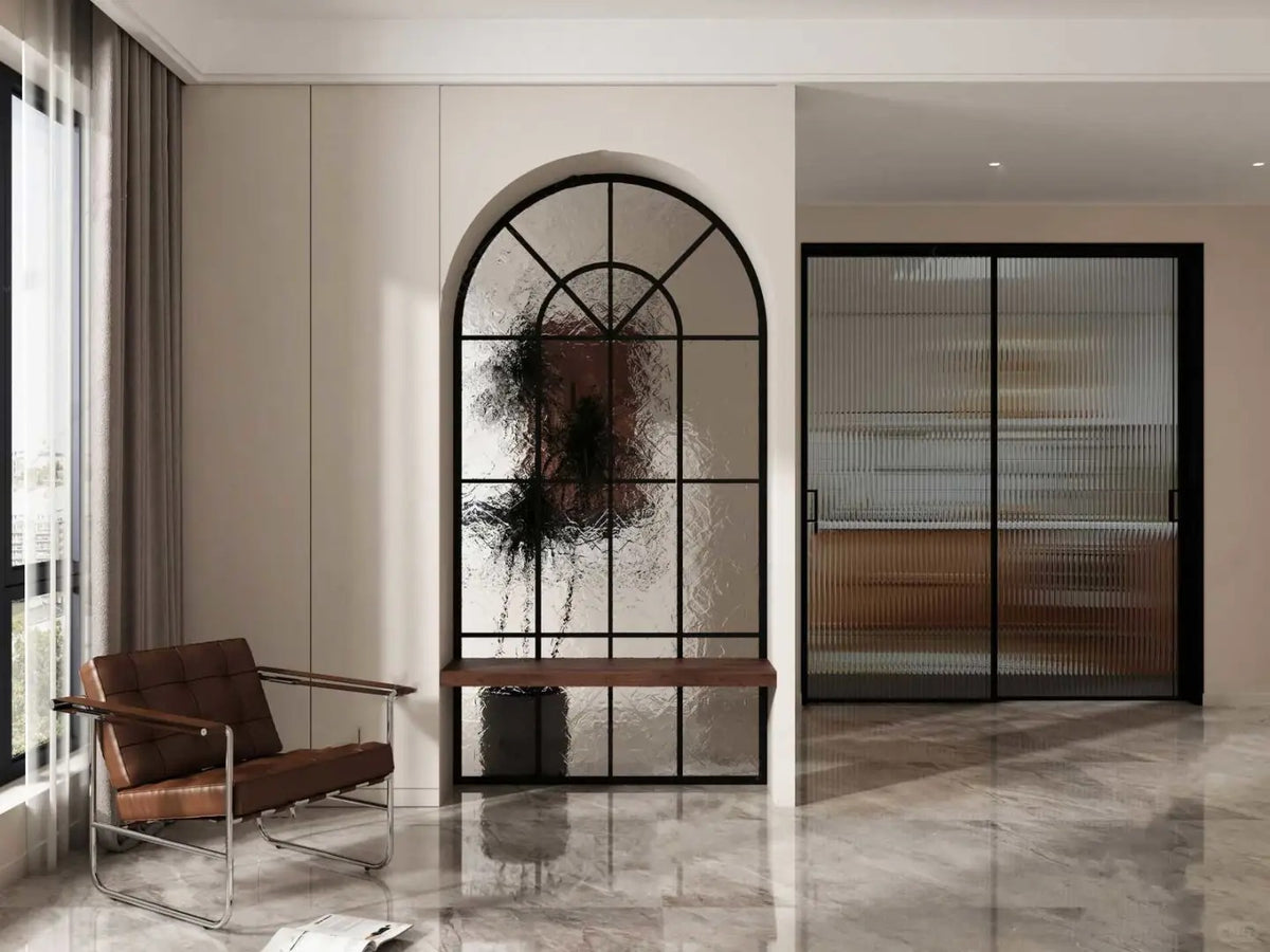 Rothnow® Arc Top aluminum glass partition with slim white frame, clear glass, French style, 16x45 series for modern interior spaces