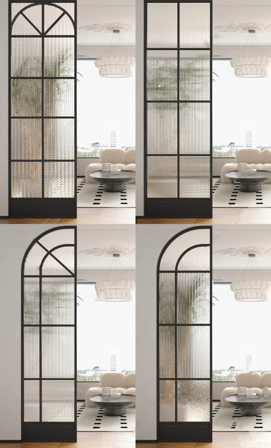 Rothnow Arc Top Aluminum Glass Partition in white, 16x45 series with slim frame and French style design, clear glass surface.