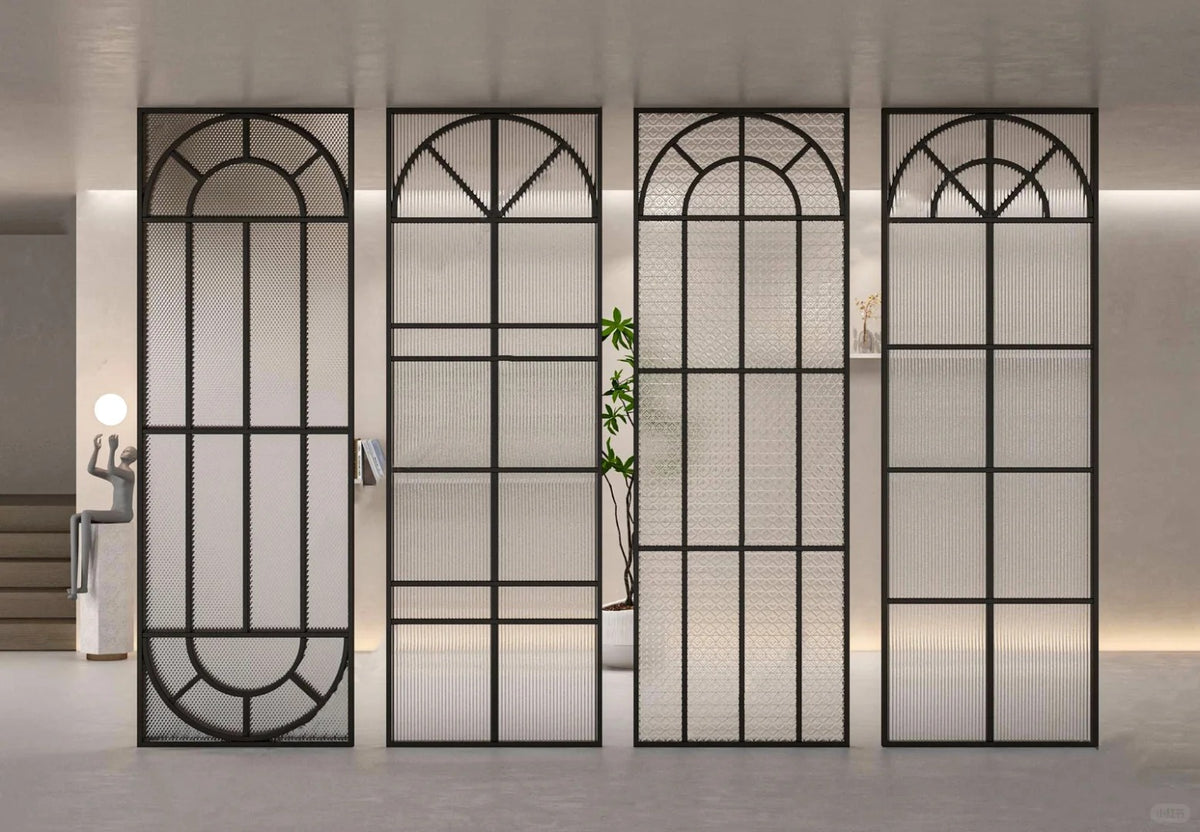 Rothnow Arc Top Aluminum Partition in white with clear glass, 16x45 series slim frame for modern interior separation.