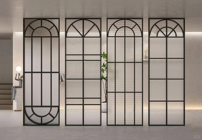 Rothnow Arc Top Aluminum Partition in white with clear glass, 16x45 series slim frame for modern interior separation.