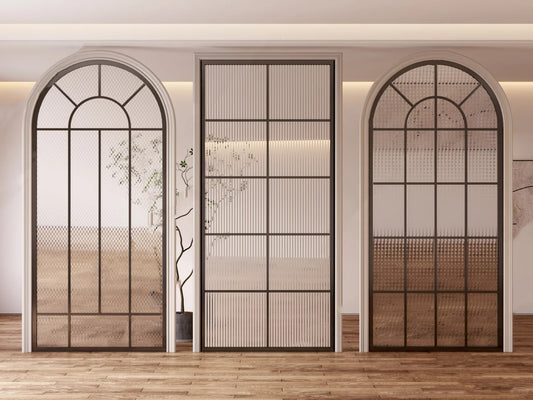 Rothnow Arc Top Aluminum Partition with clear glass and white frame, 16x45 series slim frame glass partition for modern interior spaces