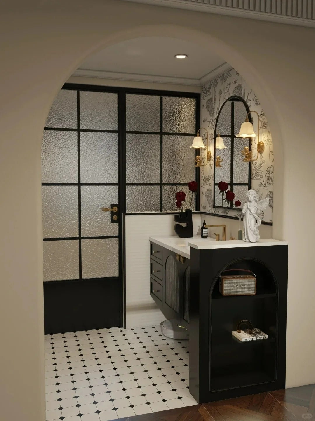 Rothnow French Style aluminum bathroom partition with door, 16x45 series slim frame, clear glass skin in white.