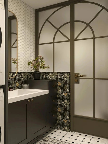 Rothnow® French Style aluminum bathroom partition with door, clear glass, slim frame, 16x45 series, white finish.