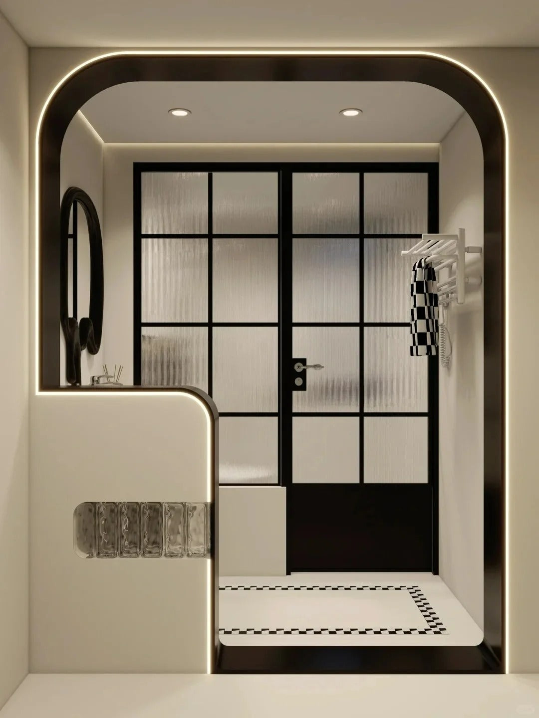Rothnow French-style aluminum bathroom partition with door, 16x45 series, slim frame, clear glass, white finish.