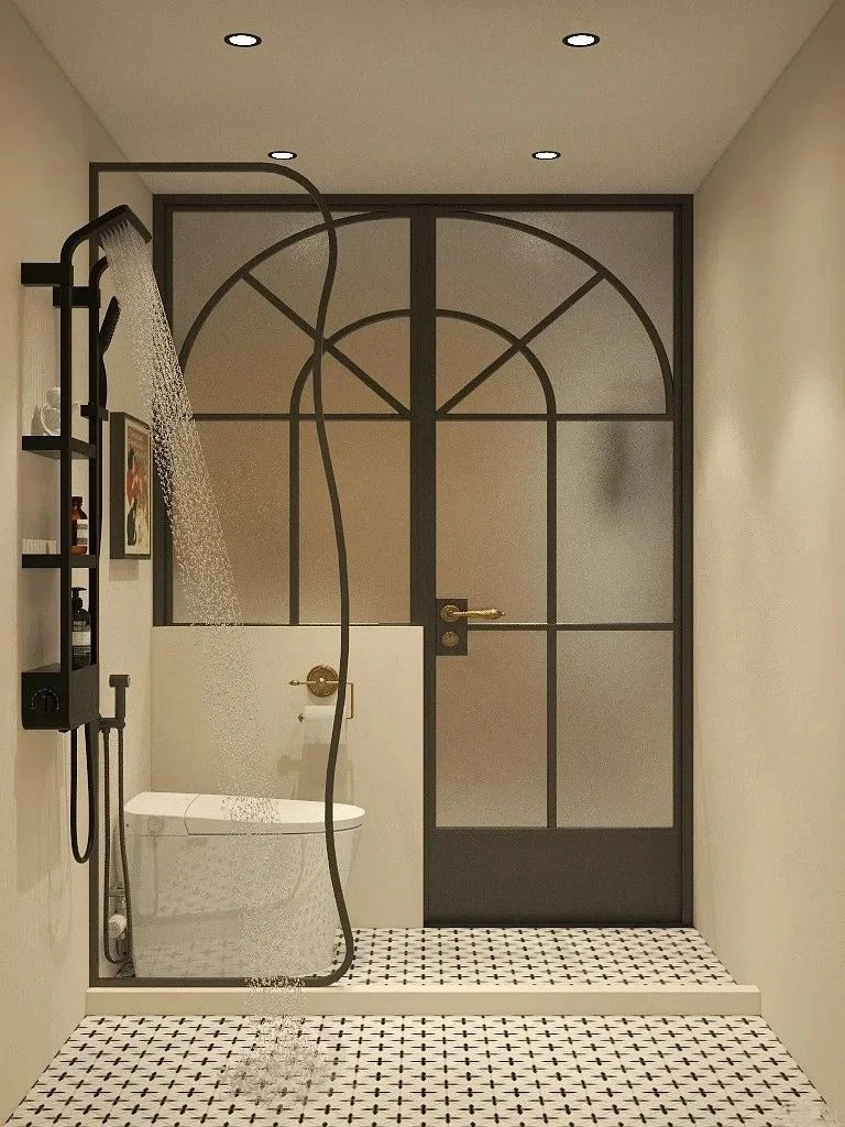 Rothnow French Style Aluminum Bathroom Partition with Door, 16x45 Series, slim frame, clear glass skin, white finish.