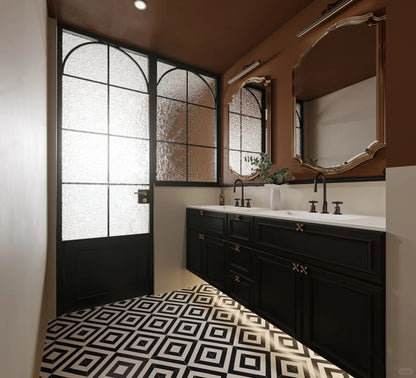 Rothnow French Style Aluminum Partition with Door, 16x45 Series slim frame bathroom partition, clear glass, white finish.