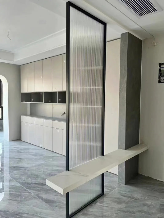 Rothnow Waved Glass Aluminum Partition in white, 7x45 series slim frame fixed partition with clear glass for modern interior separation.