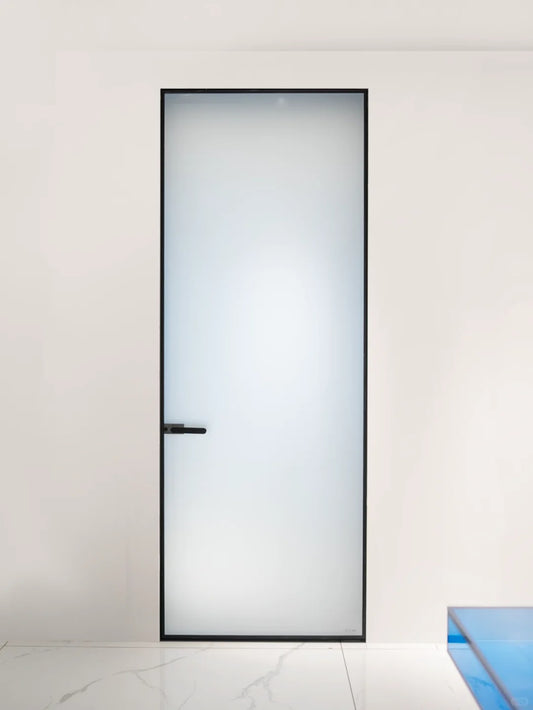 Rothnow Aluminum Bathroom Privacy Door with clear glass, 16x45 series, white finish, 820mm W x 2220mm H, sleek and modern design.