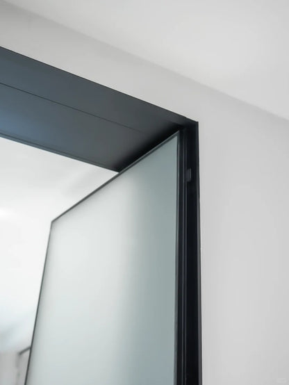 Rothnow Aluminum Bathroom Privacy Door 16x45 Series with clear glass and white finish, featuring sleek modern design.