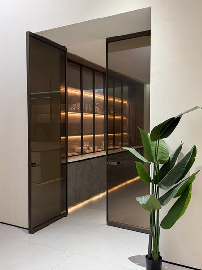 Rothnow Aluminum Door 16x45 Series double leaf pivot door with clear glass skin, white finish, and modern design.