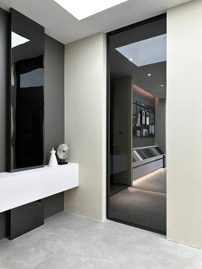 Rothnow aluminum 16x45 series pivot door with clear glass and crystal grey glass skin, white finish, 820mm x 2220mm size.